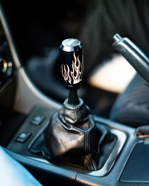 Close-up of a flame-shaped custom gear selector