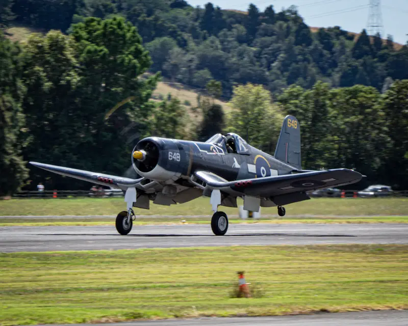 Vintage radial-engine aircraft touching down at an airshow